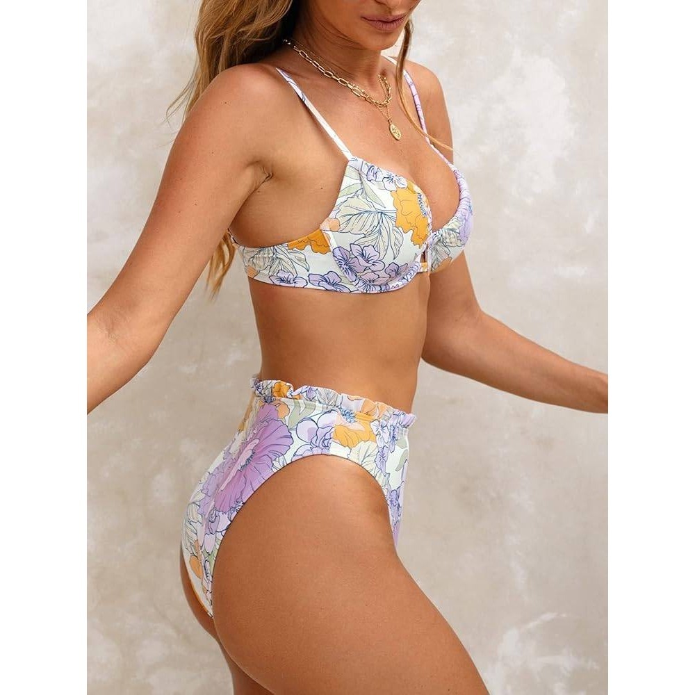 CupsheFloral Underwire Bikini Set Purple Orange Ruffle High Waist‎ Medium NEW